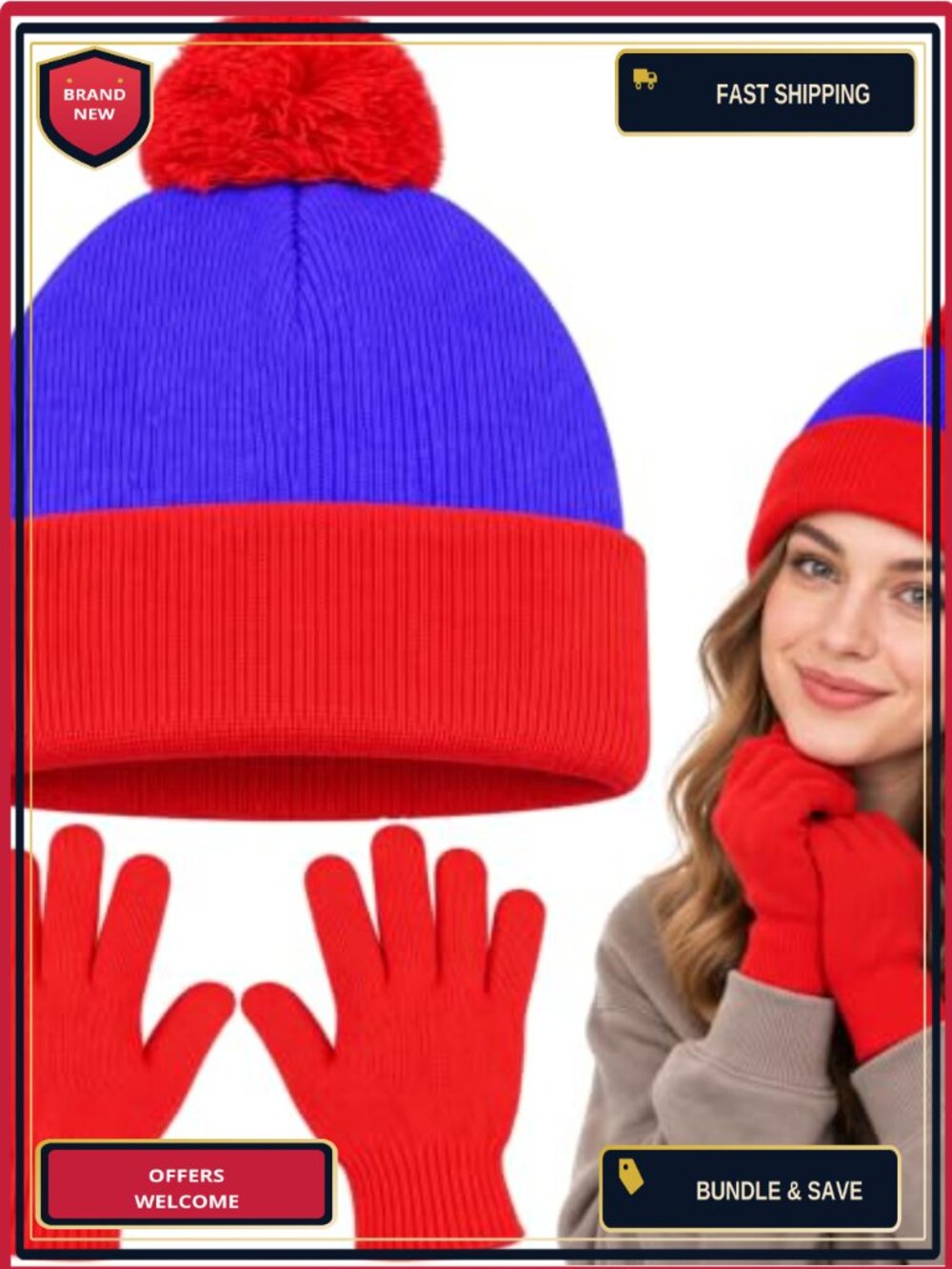 Knit Pom Beanie Hat & Gloves Set Halloween Cosplay Costume Adults